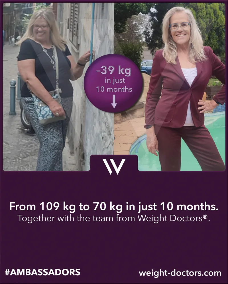 Weight Doctors® before and after: patient from 109 kg to 70 kg in ten months, together with the Weight Doctors® team
