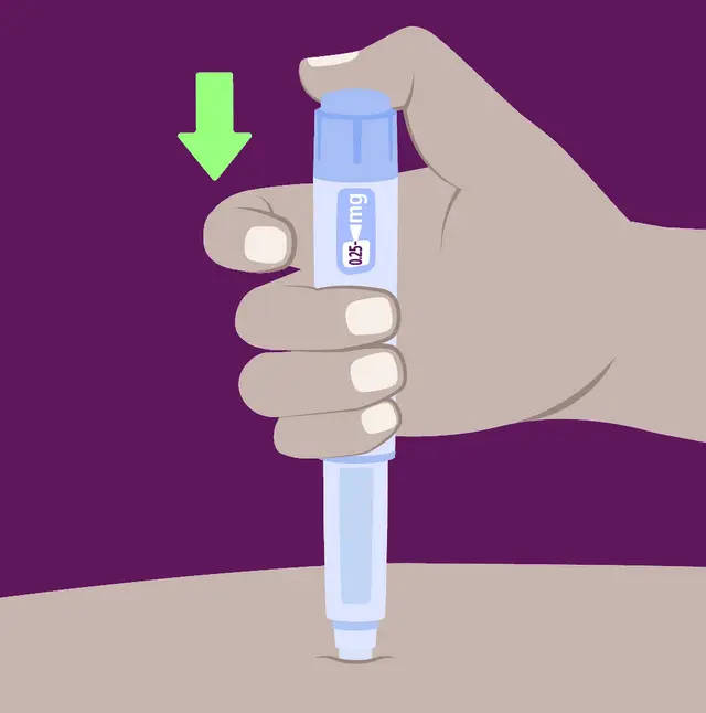 Illustration&nbsp;: le stylo est posé à la verticale sur la peau et le bouton est enfoncé