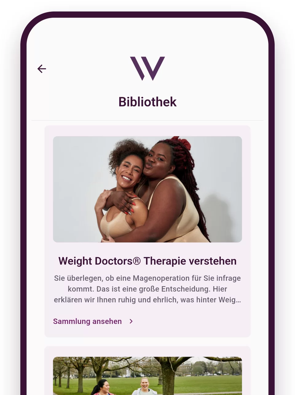 Application Weight Doctors®&nbsp;: bibliothèque avec les collections «&nbsp;Comprendre la thérapie » et «&nbsp;Activité physique et corps »
