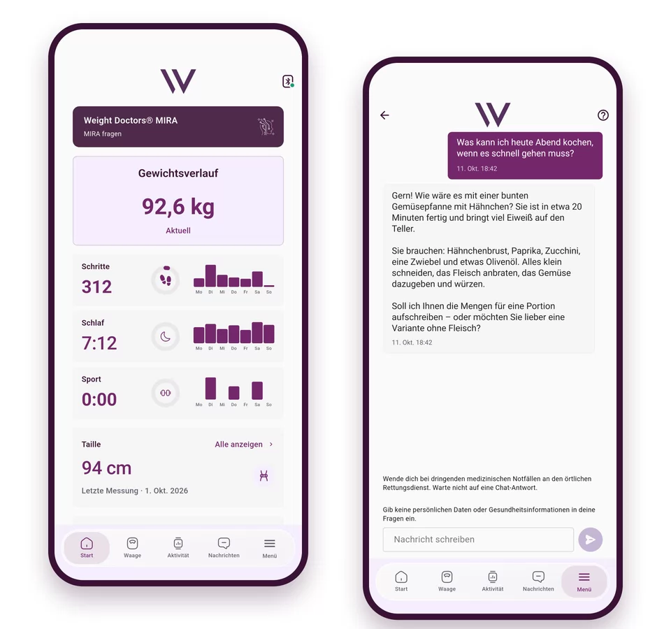 Application Weight Doctors® : page d’accueil avec l’accès à Mira et une conversation dans laquelle Mira propose un dîner rapide