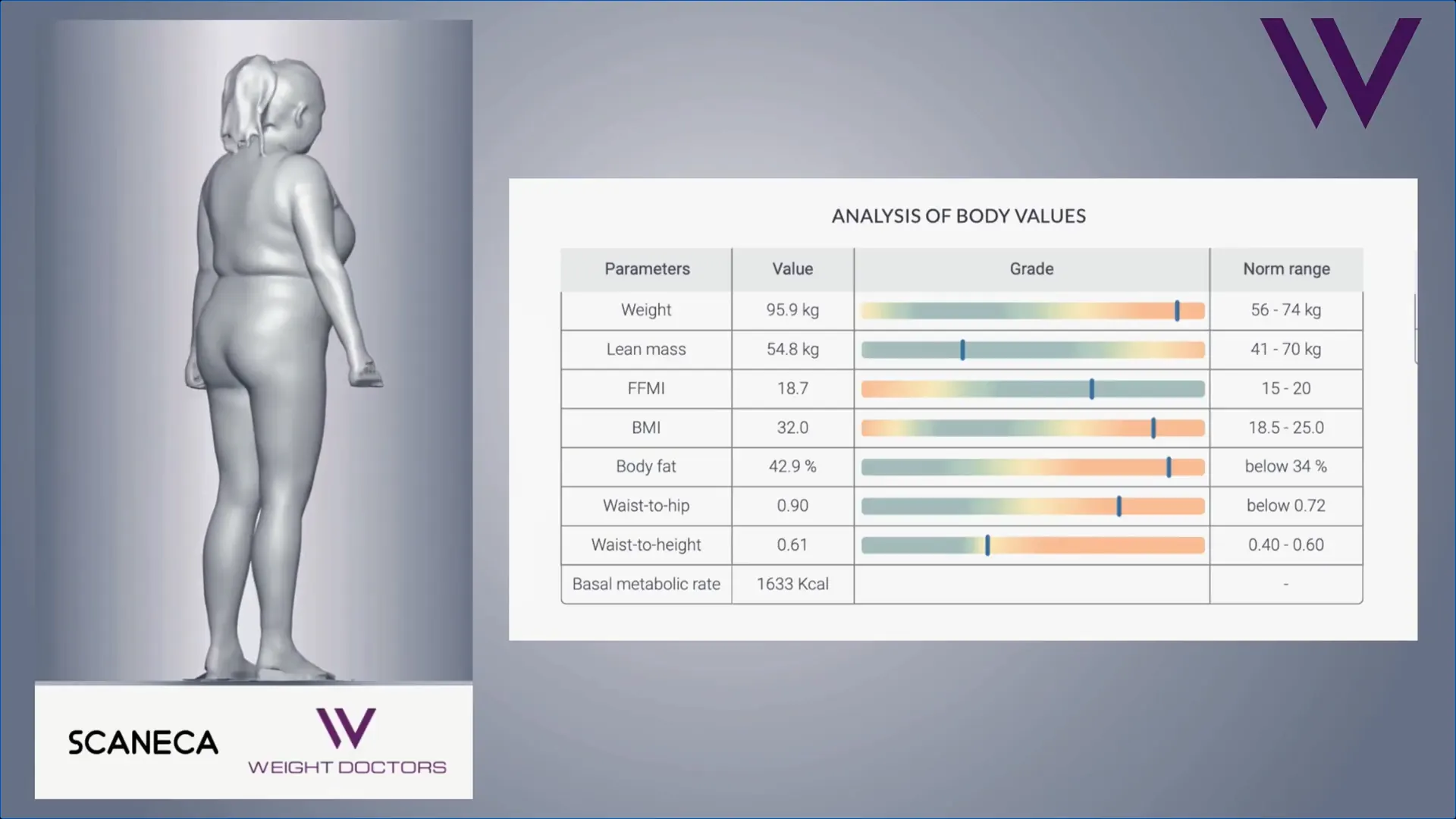 Avatar 3D issu du Weight Doctors® 3D Bodyscan avec évaluation des valeurs corporelles